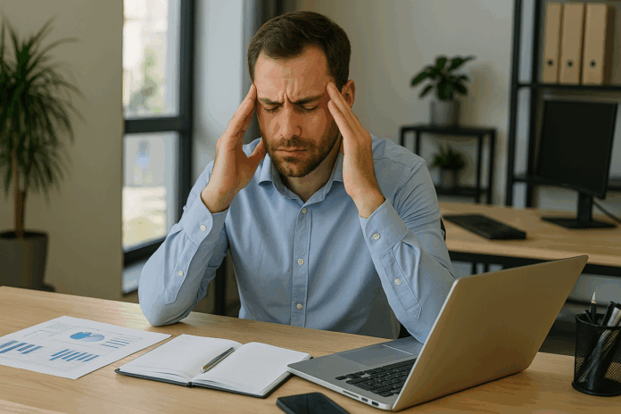 Homem com expressão de preocupação no escritório, simbolizando TI sem dor de cabeça e o que analisar antes de fechar parceria.