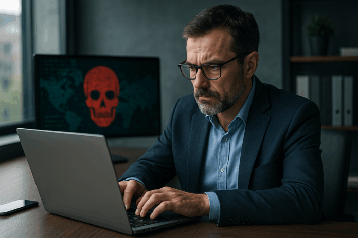 ShinyHunters alvo de atenção de executivo de TI, que digita em um laptop em escritório moderno com monitor exibindo caveira vermelha indicando ataque cibernético.