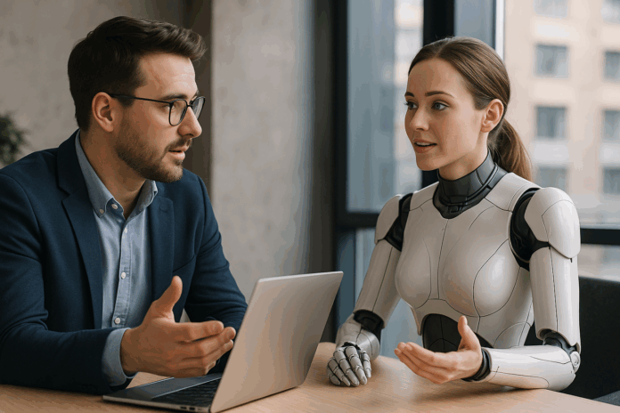 IA empática representada por robô humanoide conversando com executivo de negócios em ambiente corporativo moderno e minimalista.