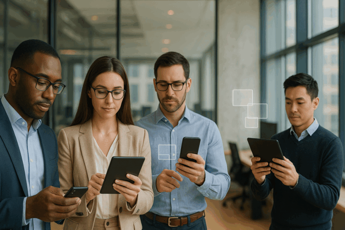 Colaboradores utilizando dispositivos inteligentes para captura de dados em ambiente corporativo moderno