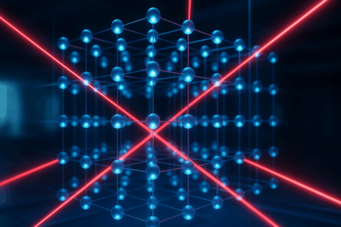 visualização realista de uma matriz tridimensional de átomos neutros controlados por feixes de laser representando a computação quântica.