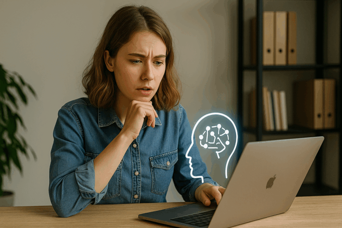 Mulher usando notebook com expressão concentrada, simbolizando letramento digital em IA como necessidade.