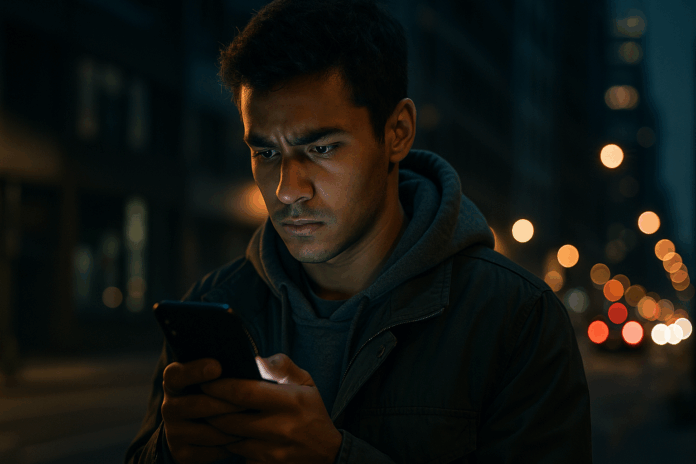 jovem olhando preocupado para a tela do smartphone à noite, simbolizando o aumento das fraudes digitais