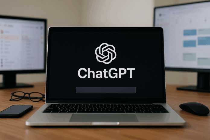 ChatGPT aberto em MacBook Pro, com monitores exibindo Gmail e Google Agenda em um ambiente de trabalho moderno.