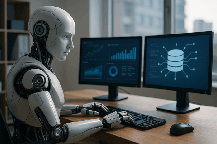 Inteligência Artificial: Imagem realista de um robô humanoide em um escritório moderno, analisando gráficos e diagramas de bases de dados em dois monitores, representando o uso da IA na gestão e exploração de informações corporativas.