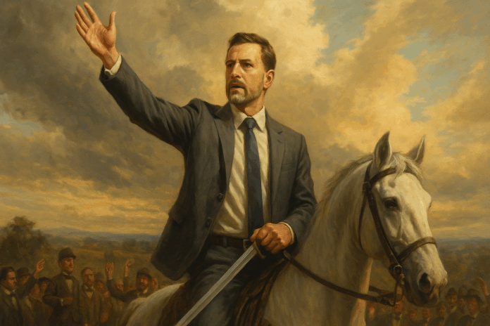 Inovação representada por líder montado em cavalo branco, erguendo o braço em gesto inspirador, simbolizando liderança e transformação digital.