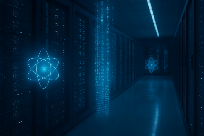 O ChatGPT disse: Centro de dados moderno com servidores iluminados e hologramas de qubits representando computação quântica em funcionamento.