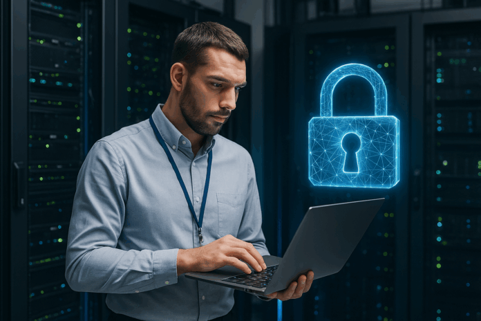 Profissional de cibersegurança digitando em notebook em sala de servidores, simbolizando E-Ciber 2025: Diretrizes, Desafios e Oportunidades.
