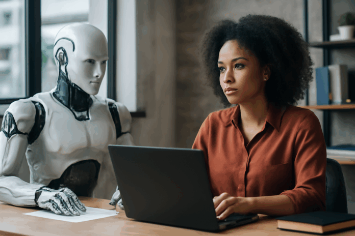 Conhecimento humano sendo amplificado pela IA em um ambiente de trabalho moderno, com uma mulher e um robô colaborando juntos.