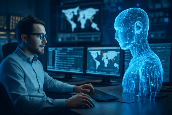 nalista de segurança cibernética em um SOC durante a Black Hat 2025, monitorando dados enquanto uma figura holográfica de IA emite luz azul, representando a automação e inteligência artificial aplicadas à segurança.