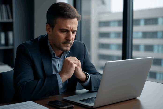 Segurança digital sendo refletida por um executivo de meia-idade, trabalhando em seu laptop em um escritório moderno com vista para a cidade.