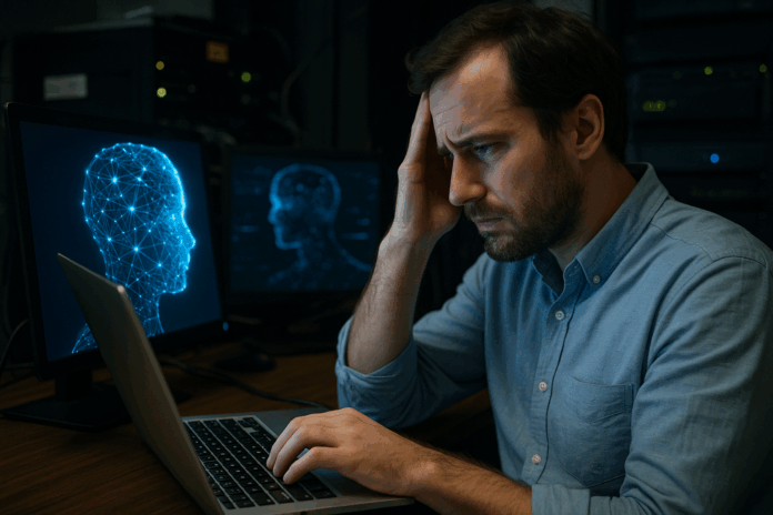 Homem preocupado diante do notebook em ambiente tecnológico, representando engenharia social na era da IA e quando a máquina aprende a manipular humanos.