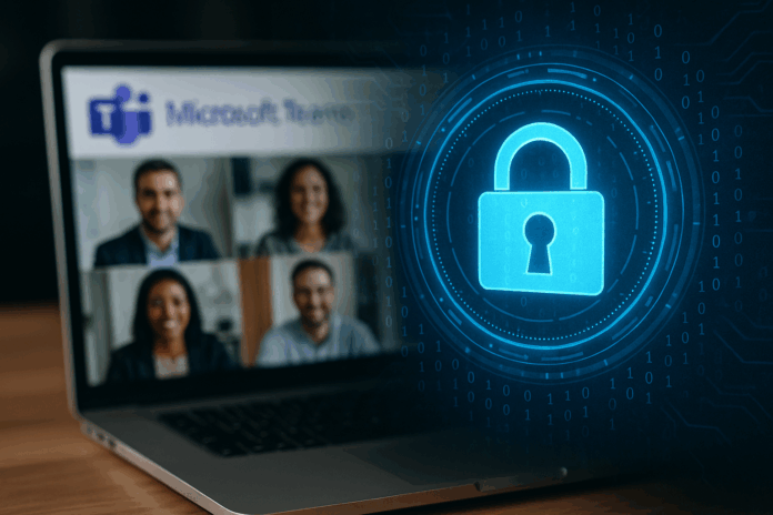 Segurança digital no Microsoft Teams com novas camadas de proteção em plataforma de videoconferência corporativa.