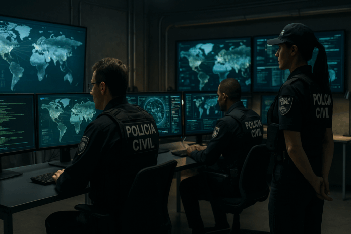 Policiais da Polícia Civil do Rio de Janeiro em centro de monitoramento digital durante operação contra ataques cibernéticos a empresa de logística.
