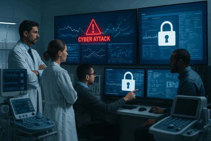 Saúde digital em hospital com médicos e especialistas de TI analisando alertas de ataque cibernético em telas de segurança