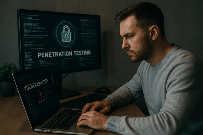 Especialista em cibersegurança realizando testes de penetração em busca de vulnerabilidades em sistemas digitais.