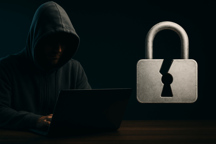 Workday – imagem de um hacker encapuzado em frente a um laptop, com cadeado metálico quebrado ao lado, simbolizando ataque cibernético e vazamento de dados.