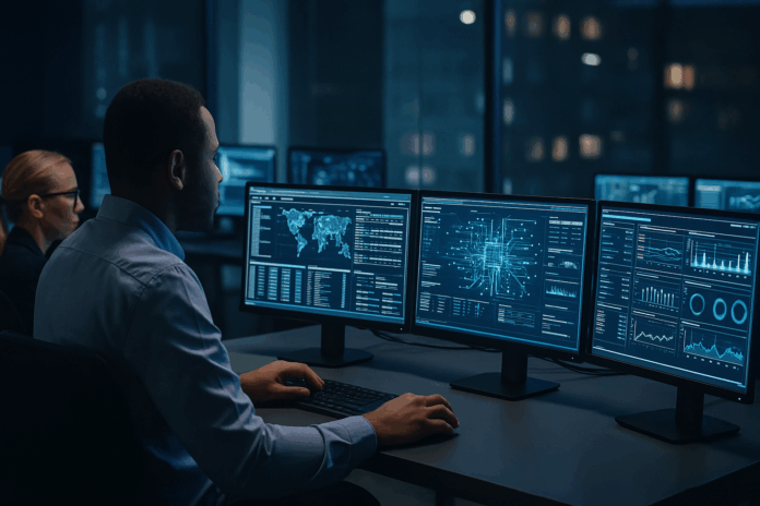 Profissionais monitorando dados em um centro de operações de SOC e NOC para garantir segurança cibernética e continuidade de serviços.