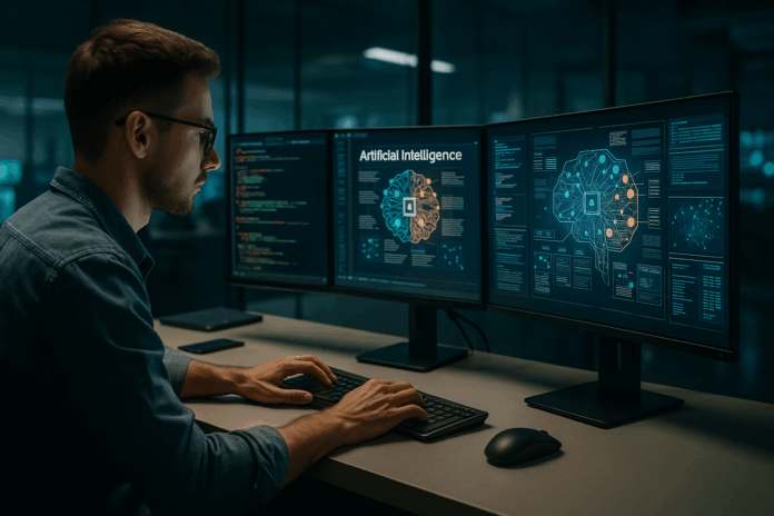 Programador interagindo com sistemas de IA avançada em escritório futurista.