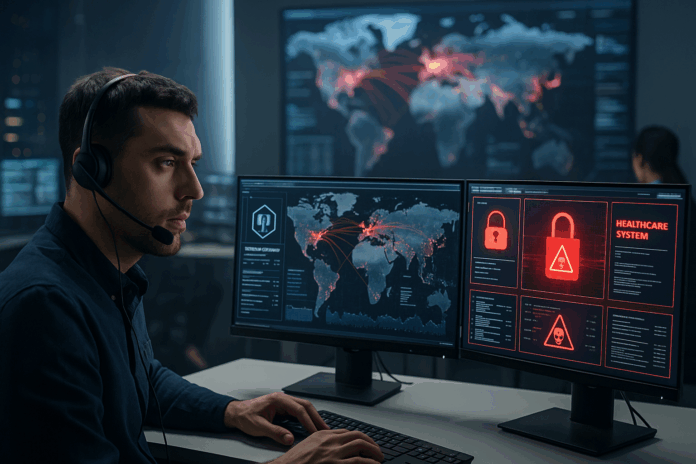 Um analista de SOC trabalha em uma sala de monitoramento cibernético, observando múltiplas telas com mapas mundiais e alertas de ataques virtuais direcionados aos setores de telecomunicações e saúde.