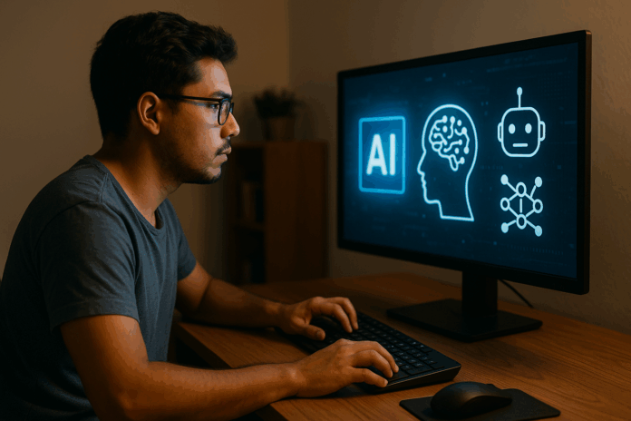 Jovem brasileiro utilizando computador em casa, simbolizando o baixo uso da IA generativa no país segundo pesquisa Datafolha