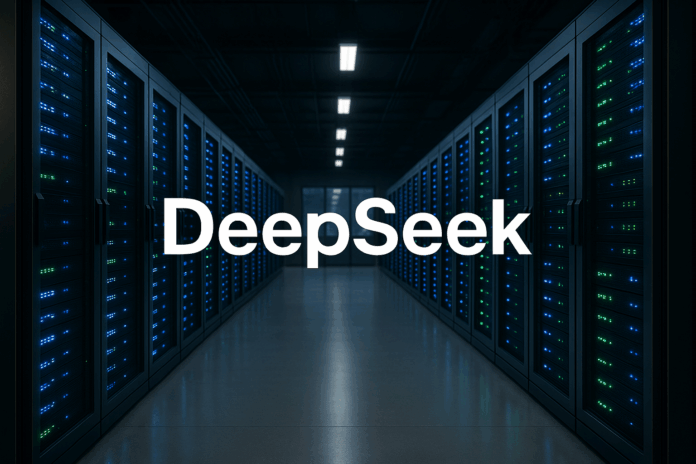 Data center moderno iluminado com LEDs azul e verde, representando o lançamento da IA turbinada da DeepSeek.