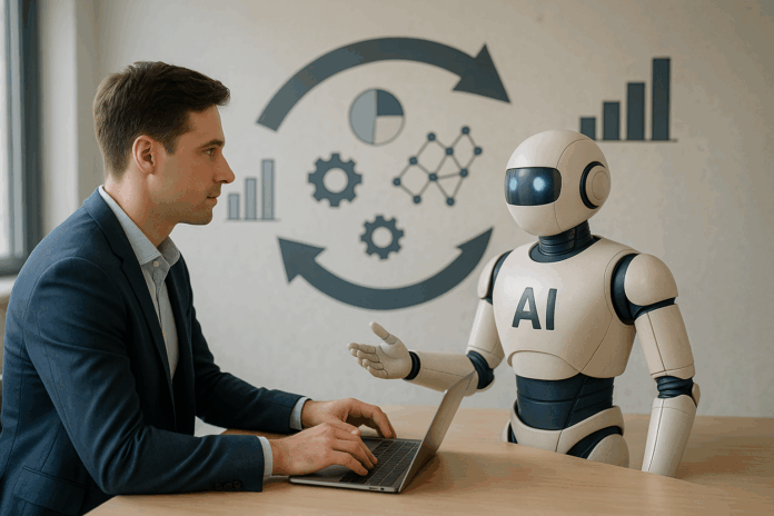 Executivo interagindo com robô de IA em um ambiente corporativo, representando o conceito de Human-in-the-Loop na automação de processos empresariais.