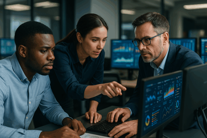 Equipe analisando dashboards digitais para vantagem competitiva.