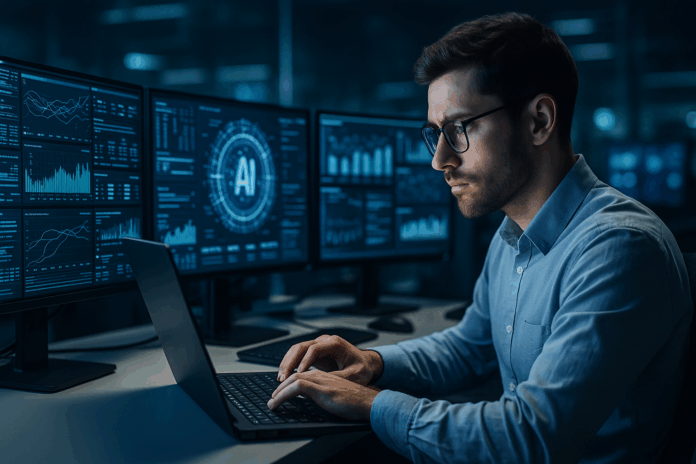 Data scientist analisando métricas de performance de IA em múltiplos monitores futuristas, simbolizando foco em eficiência computacional em laboratório de alta tecnologia. Eficiência