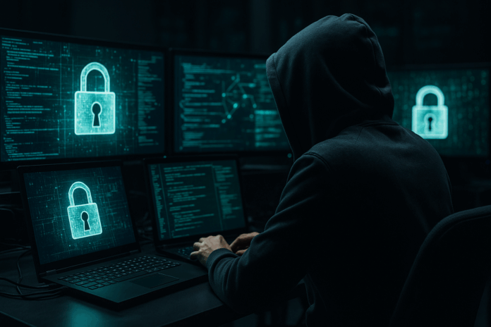Hacker em frente a múltiplos monitores exibindo cadeados digitais, representando ataque de ransomware em larga escala.