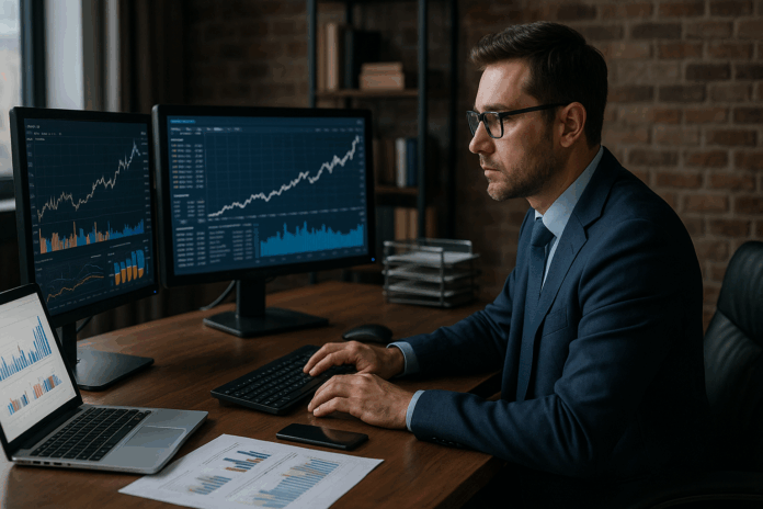 Profissional analisando gráficos de desempenho em múltiplas telas em um escritório corporativo, simbolizando investimentos em tecnologia para atualização de sistemas.