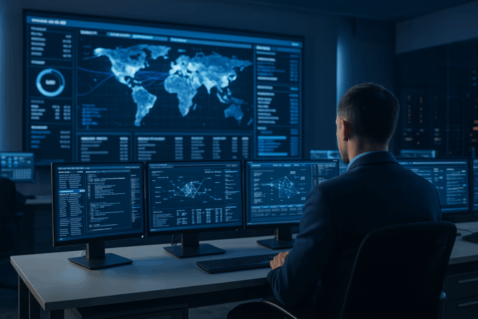 Analista monitora sistemas digitais em centro de operações do Ministério da Agricultura e Pecuária, simbolizando a nova coordenação de segurança da informação e cibersegurança no setor público.