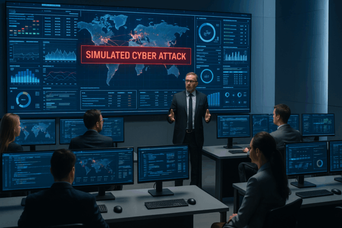 academy war room com executivos em treinamento de crise cibernética diante de telas e mapas digitais em um centro de comando corporativo