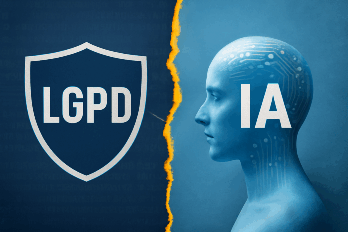 LGPD dividida por uma linha quebrada, com o logo à esquerda e uma silhueta humana com circuitos à direita, simbolizando o conflito entre regulação e tecnologia.