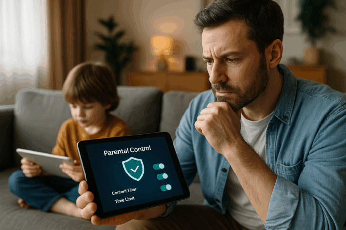 Pai protegendo criança na era digital. Proteção digital