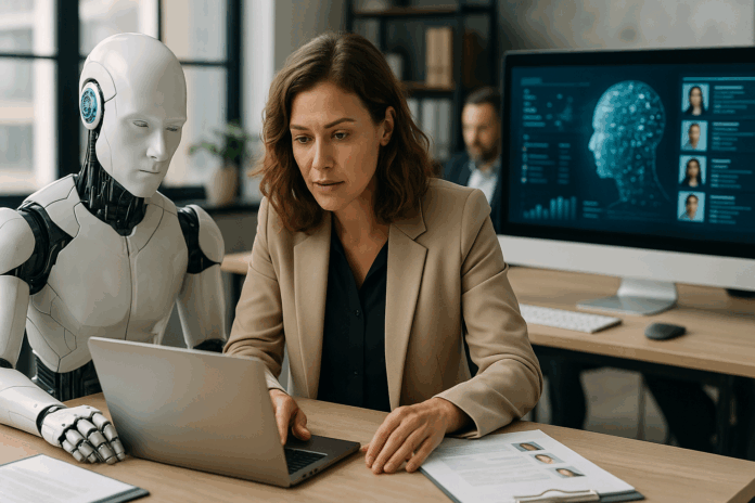 Profissional de RH trabalhando ao lado de um robô humanoide, simbolizando a revolução silenciosa de como a Inteligência Artificial está transformando o RH e redefinindo o futuro do trabalho.