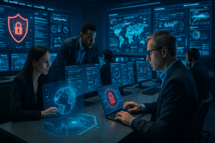 Profissionais em centro de operações de segurança cibernética monitorando ataques e defesas digitais em tempo real, simbolizando últimas notícias de cibersegurança com vulnerabilidades, ataques e novas tecnologias.
