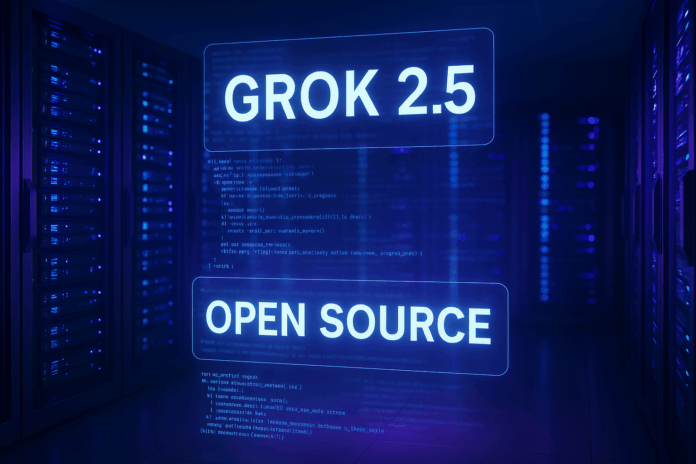 Servidor futurista de inteligência artificial exibindo hologramas com o nome Grok 2.5 em código aberto, representando tecnologia avançada na Hugging Face.