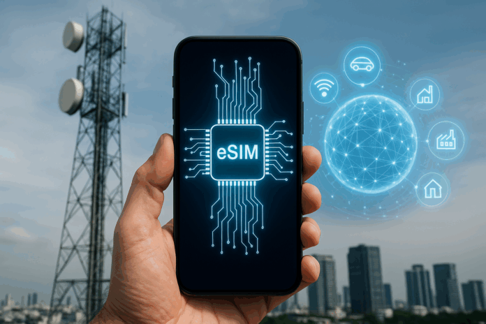 Smartphone exibindo chip digital em tela com antena de telecomunicações e ícones conectados ao fundo, representando o papel do eSIM na transformação do mercado de telecomunicações e IoT/M2M.