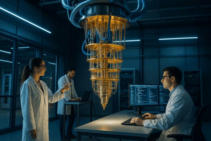 Cientistas em laboratório futurista analisando um computador quântico de última geração iluminado por luzes azuis.