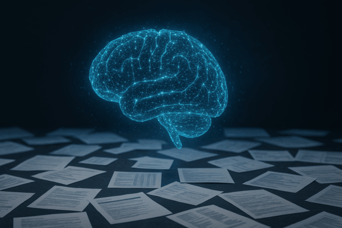 Inteligência Artificial representada por cérebro digital brilhante sobre papéis desorganizados, simbolizando o impacto da Inteligência Artificial sem dados estruturados.