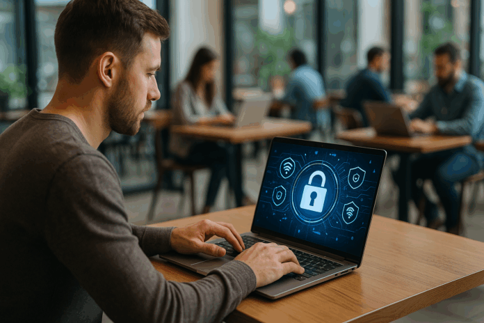 Pessoa usando notebook com segurança digital em redes públicas de Wi-Fi gratuito em um café