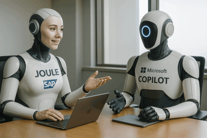 Integração da Joule, o robô da SAP, em conversa em um escritório moderno com o robô Microsoft Copilot, simbolizando colaboração entre soluções de IA.