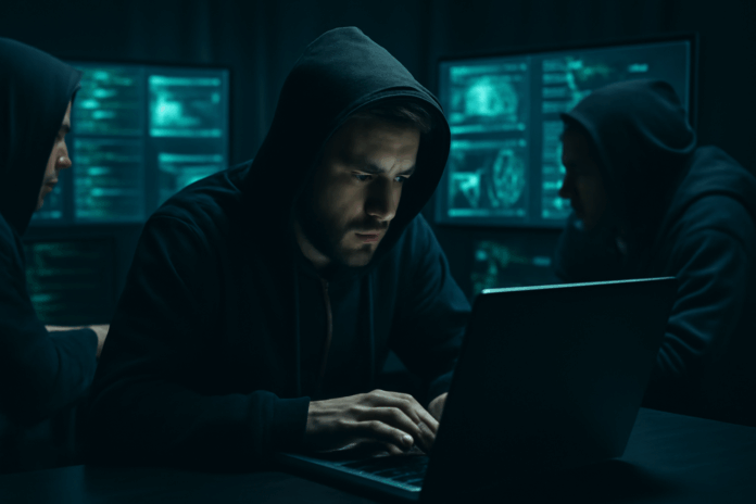 Hackers concentrados em seus laptops, rodeados por monitores exibindo códigos e dados em um ambiente escuro, destacando uma ação cibernética sofisticada.