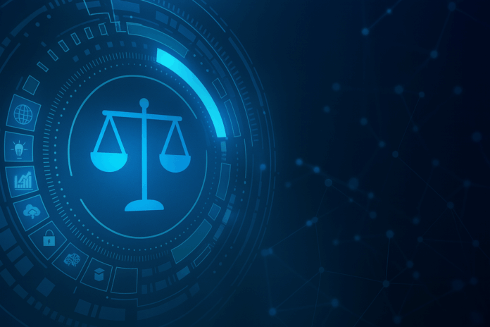 Balança da justiça digital em interface futurista. Inteligência artificial
