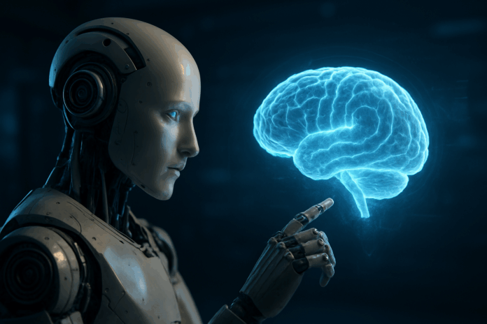 Alzheimer sendo estudado por robô de IA que analisa holograma cerebral em laboratório futurista para diagnóstico precoce.