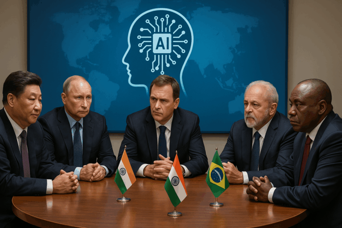Imagem realista representando os desafios de consenso enfrentados pelos países do BRICS na cooperação em inteligência artificial. A cena mostra uma reunião entre representantes de diferentes países discutindo estratégias de colaboração em IA.