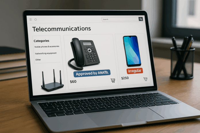 Imagem realista de uma plataforma de marketplace exibindo produtos de telecomunicações, com destaque para a regulamentação da Anatel sobre a venda de itens irregulares.