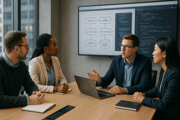 Imagem realista de quatro profissionais diversos discutindo a arquitetura de sistemas de software em uma reunião, com gráficos e código exibidos em uma tela.