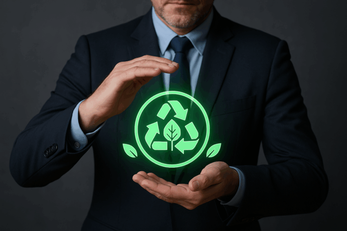 Sustentabilidade corporativa representada por executivo segurando um holograma verde entre as mãos, mostrando tecnologia e práticas ESG.